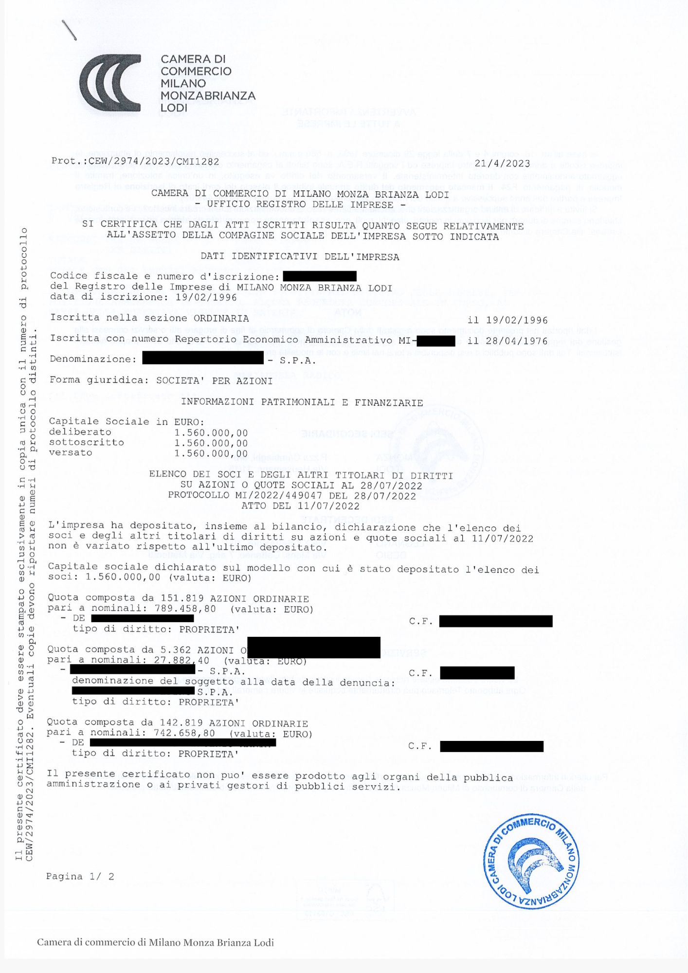 Certificato Assetti Proprietari