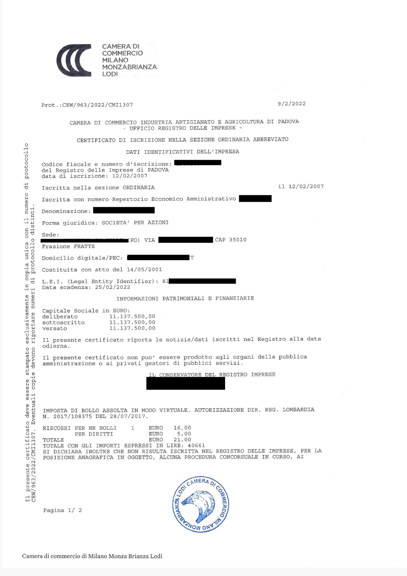 Certificato Abbreviato