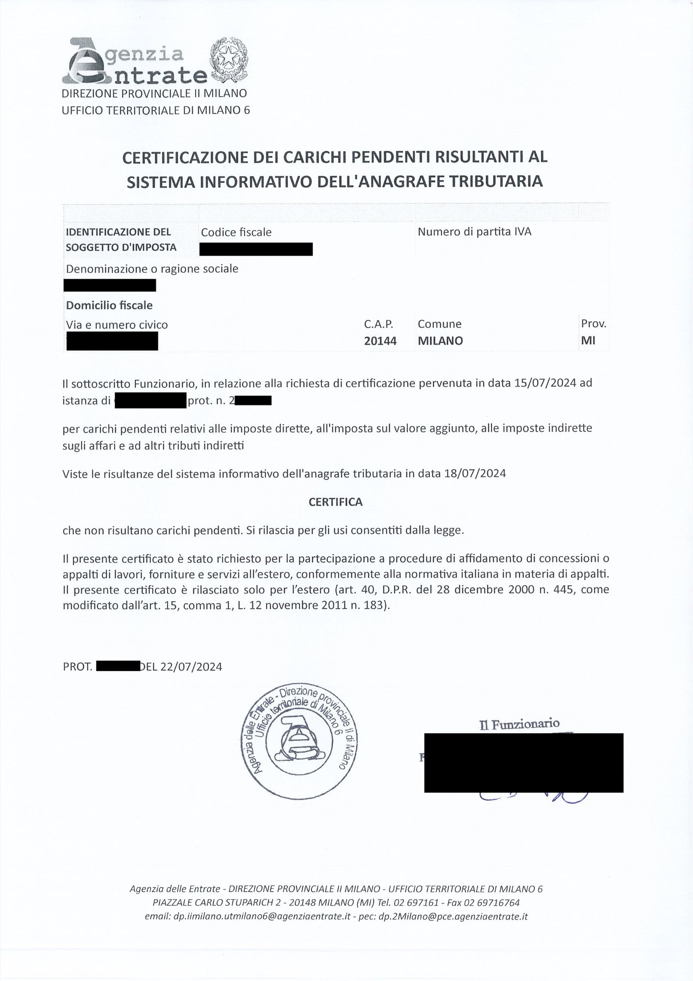Certificato carichi pendenti società persona fisica