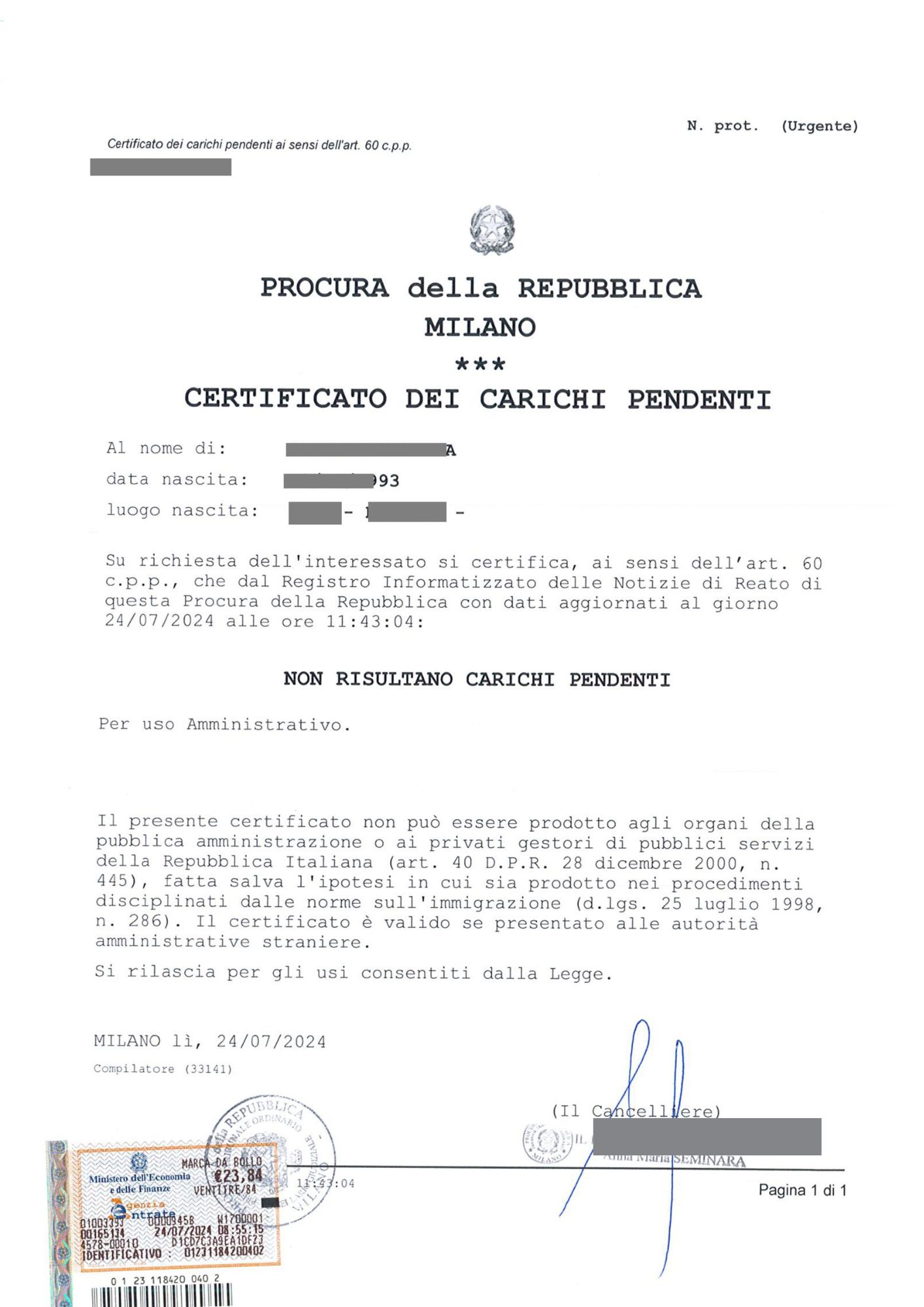 Certificato Casellario Carichi Pendenti