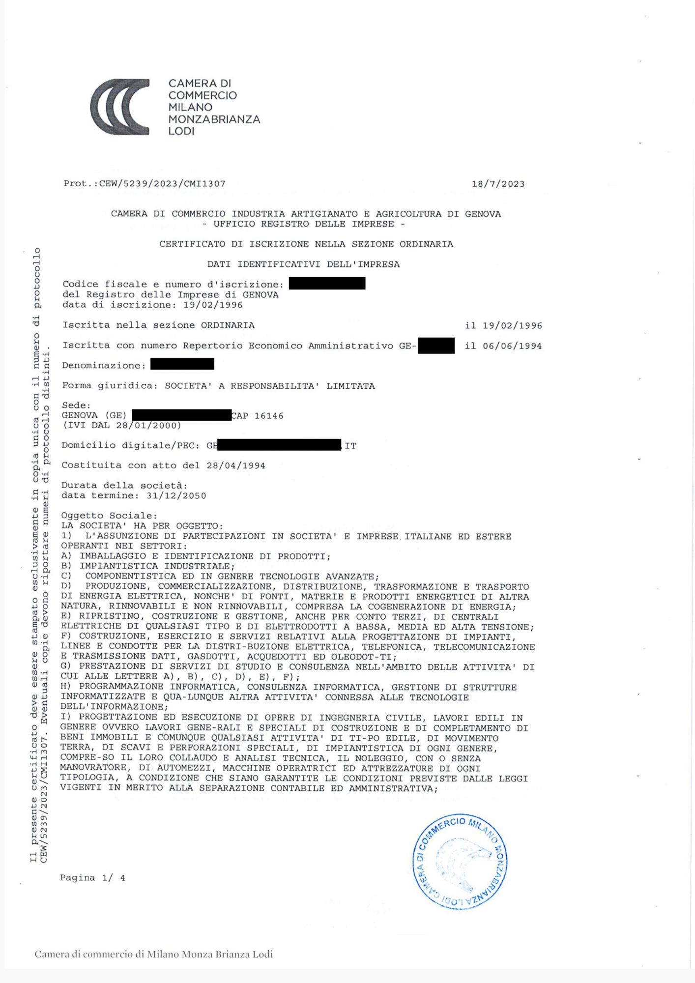 Certificato Ordinario Iscrizione