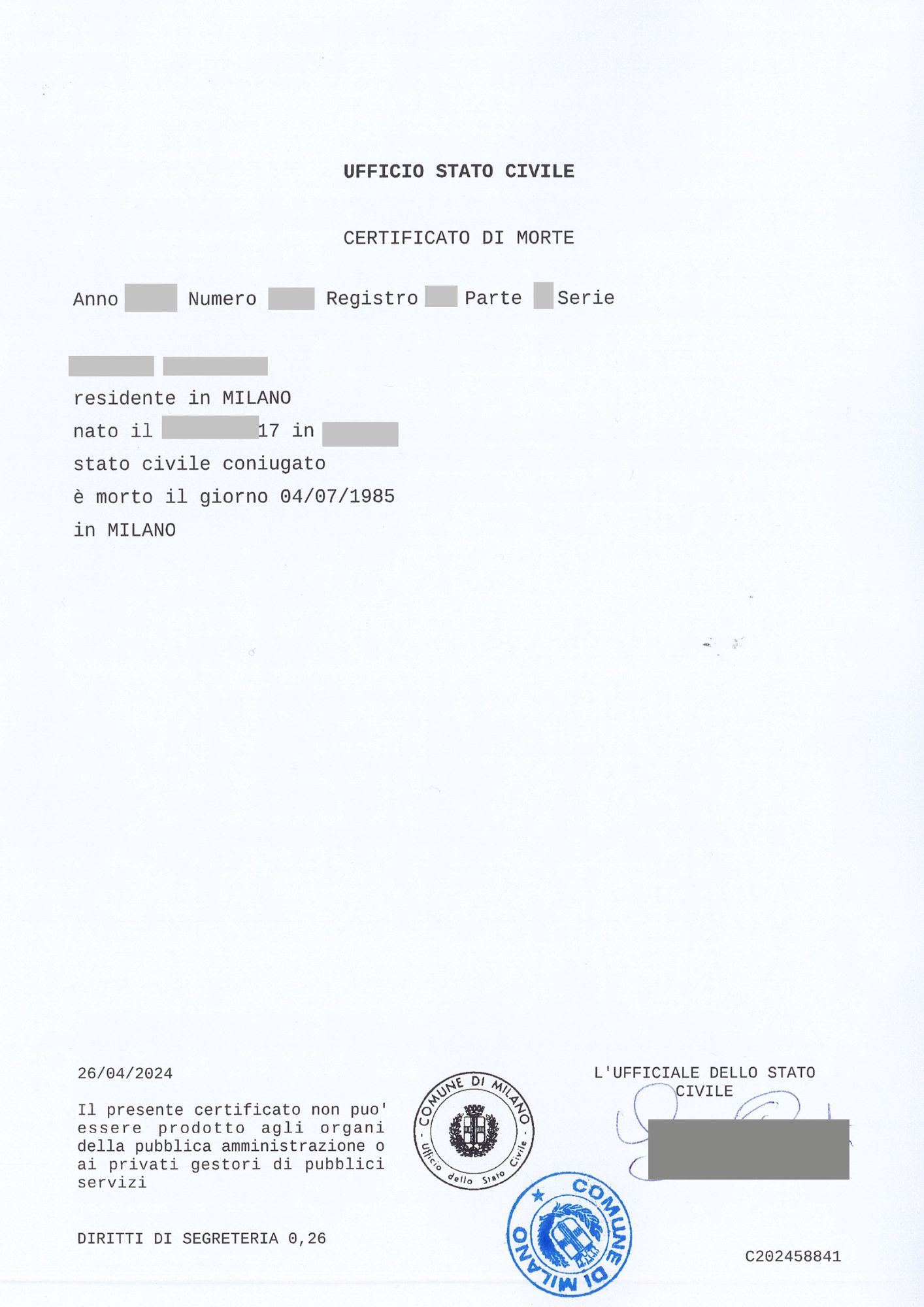 certificato anagrafico morte