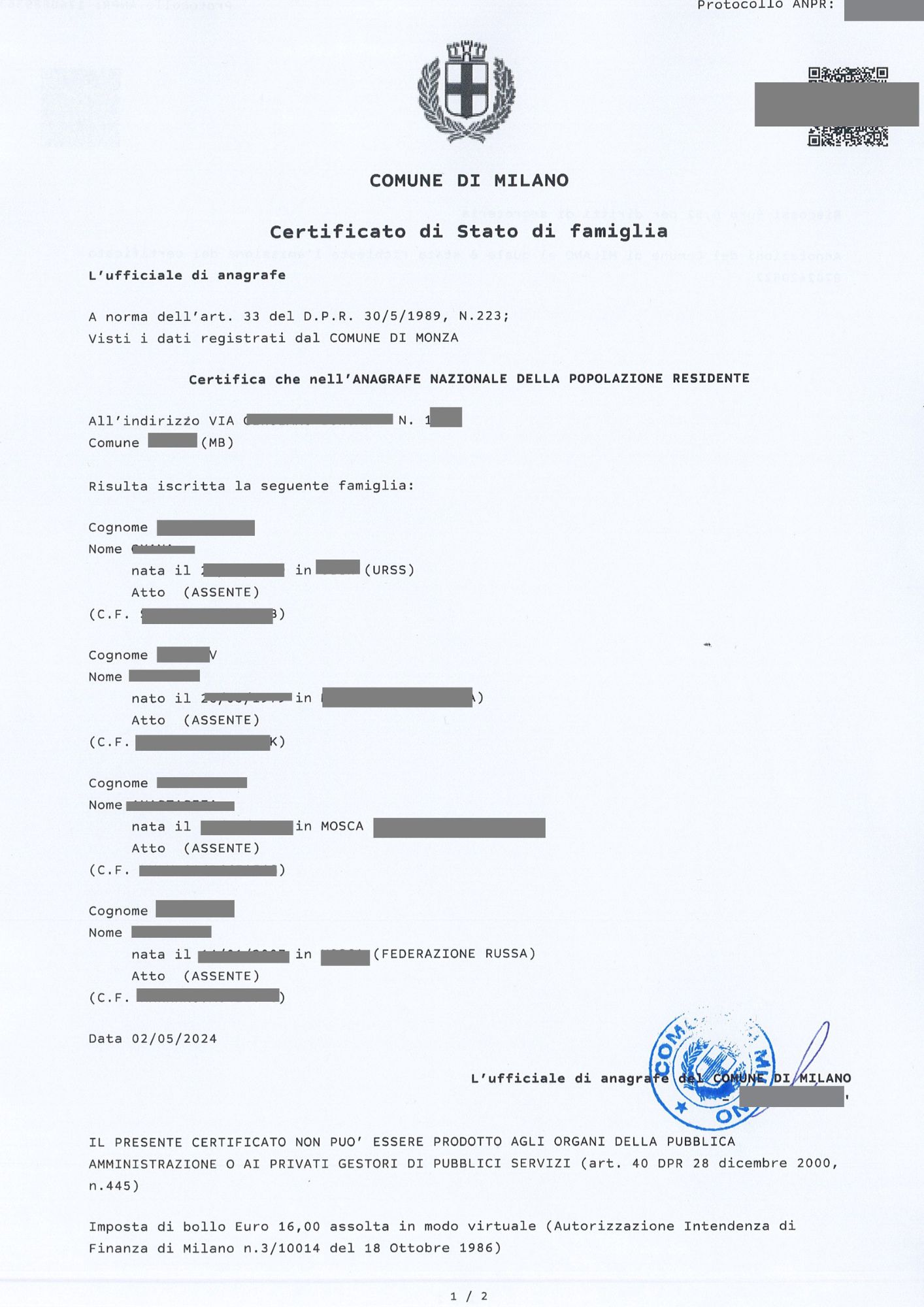 certificato stato famiglia