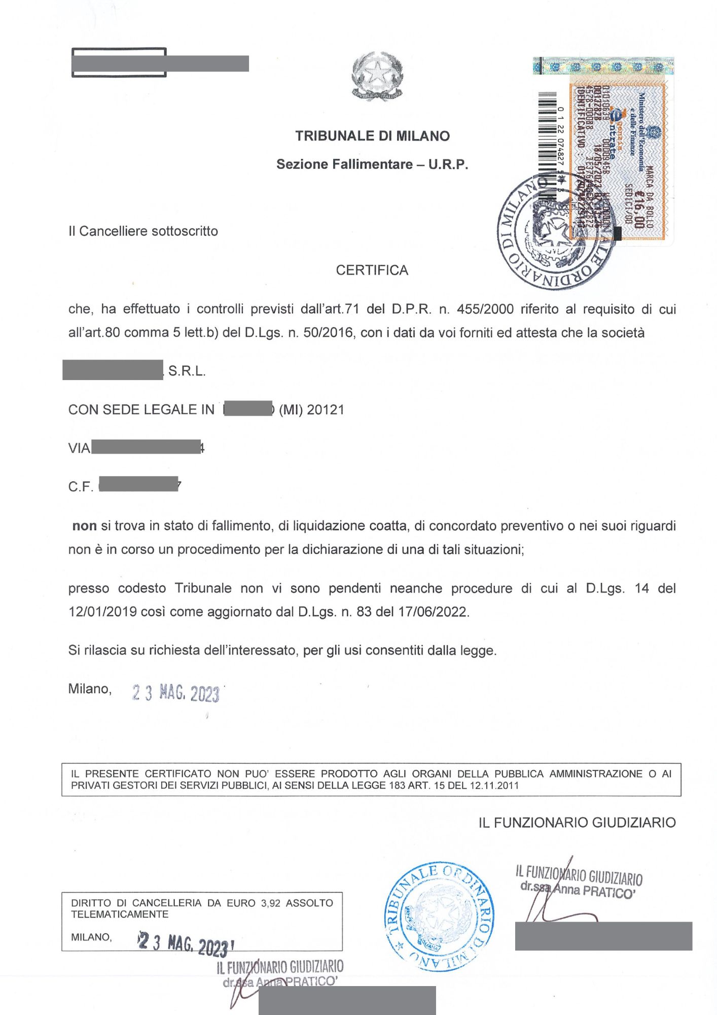 Certificato fallimentare società