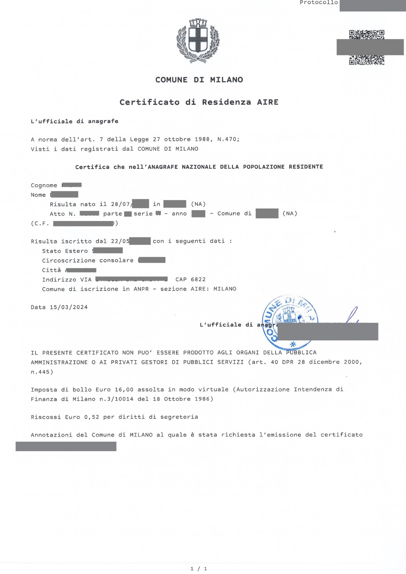 certificato residenza aire