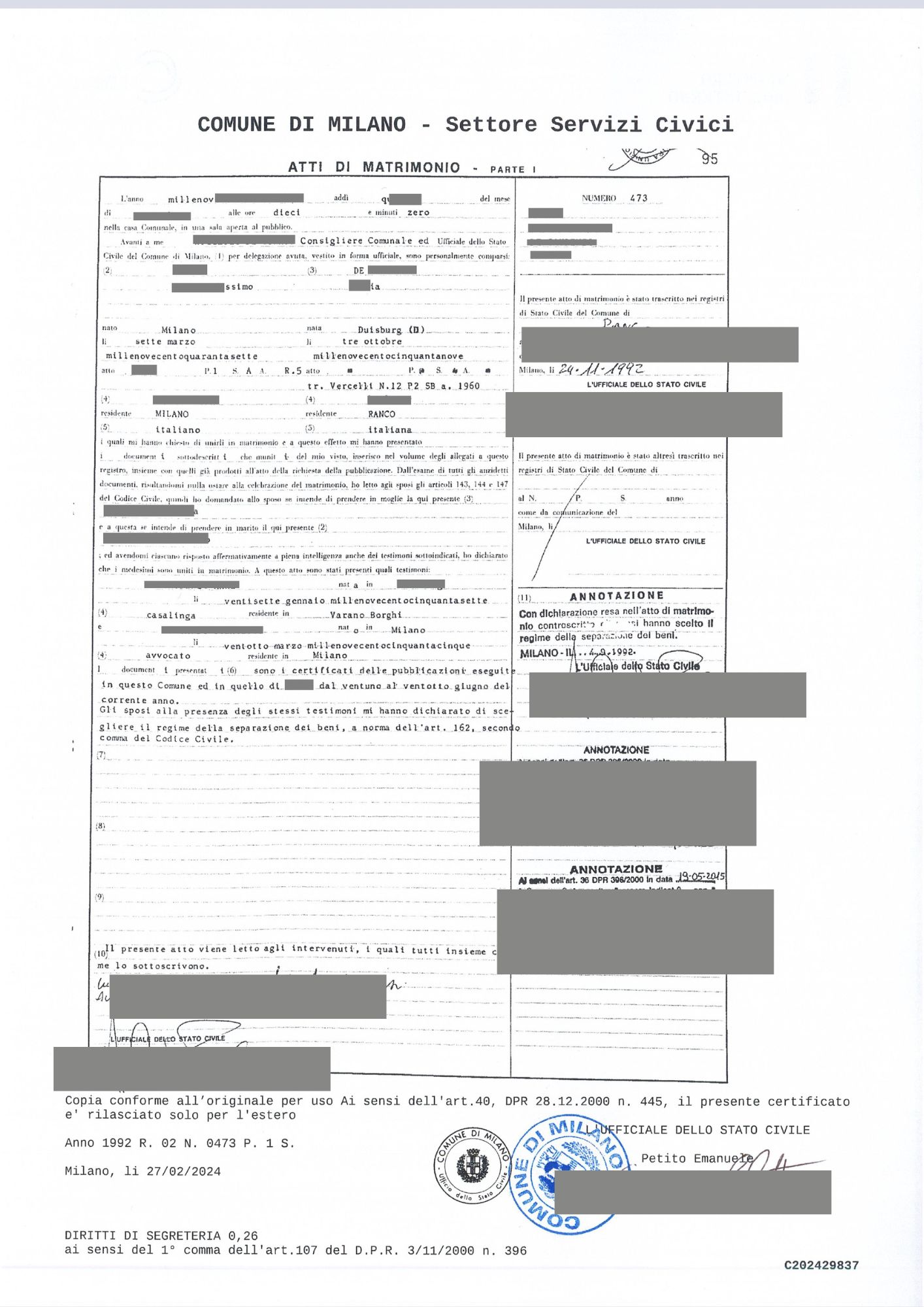 copia integrale atto matrimonio