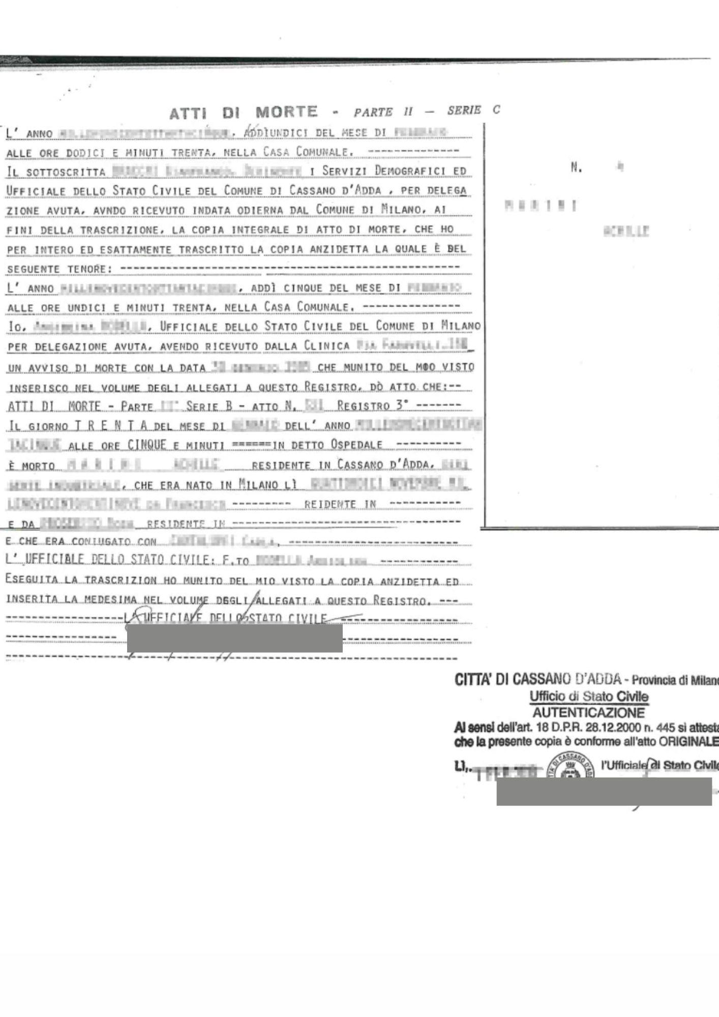 copia integrale atto decesso
