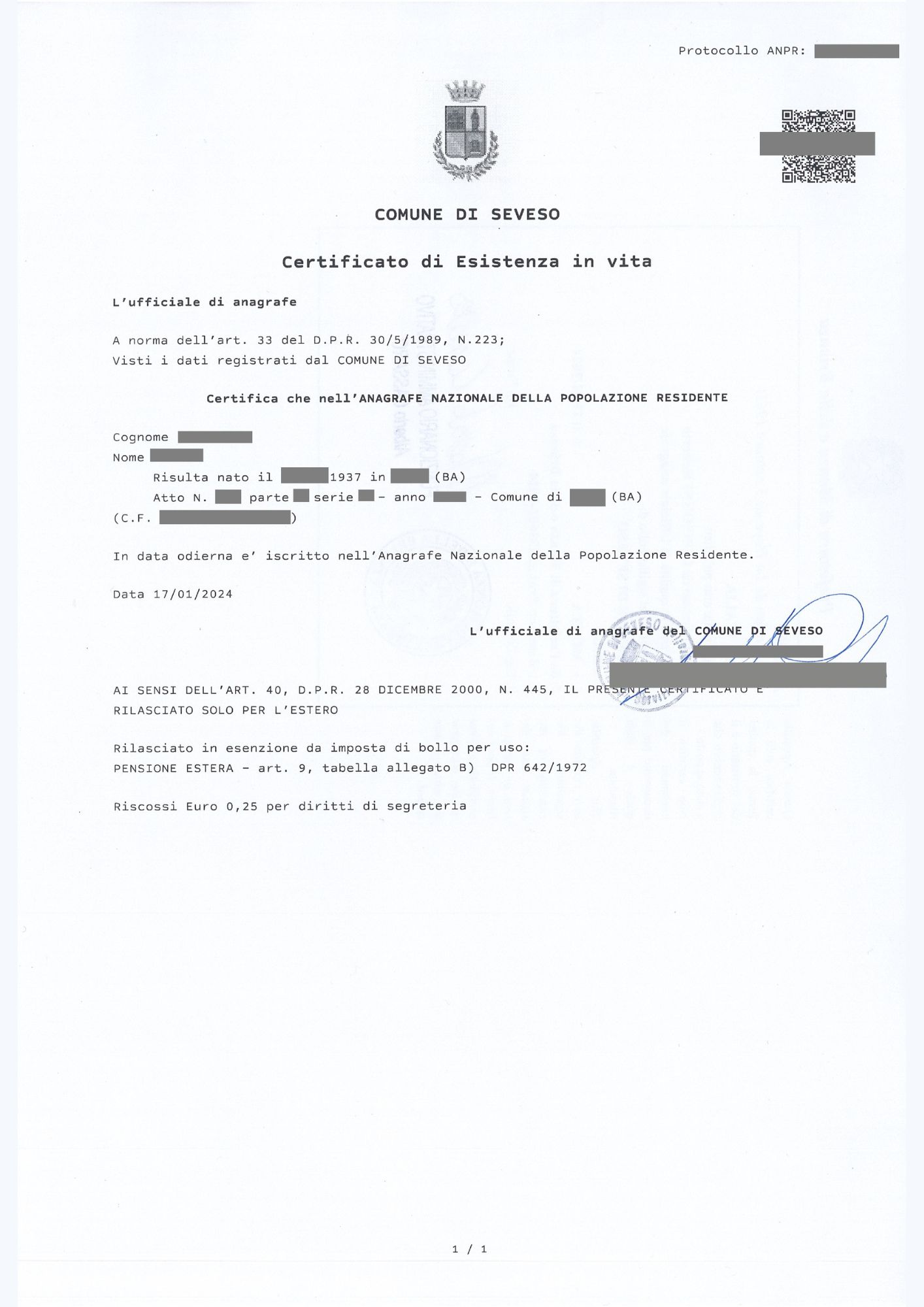 Certificato esistenza in vita