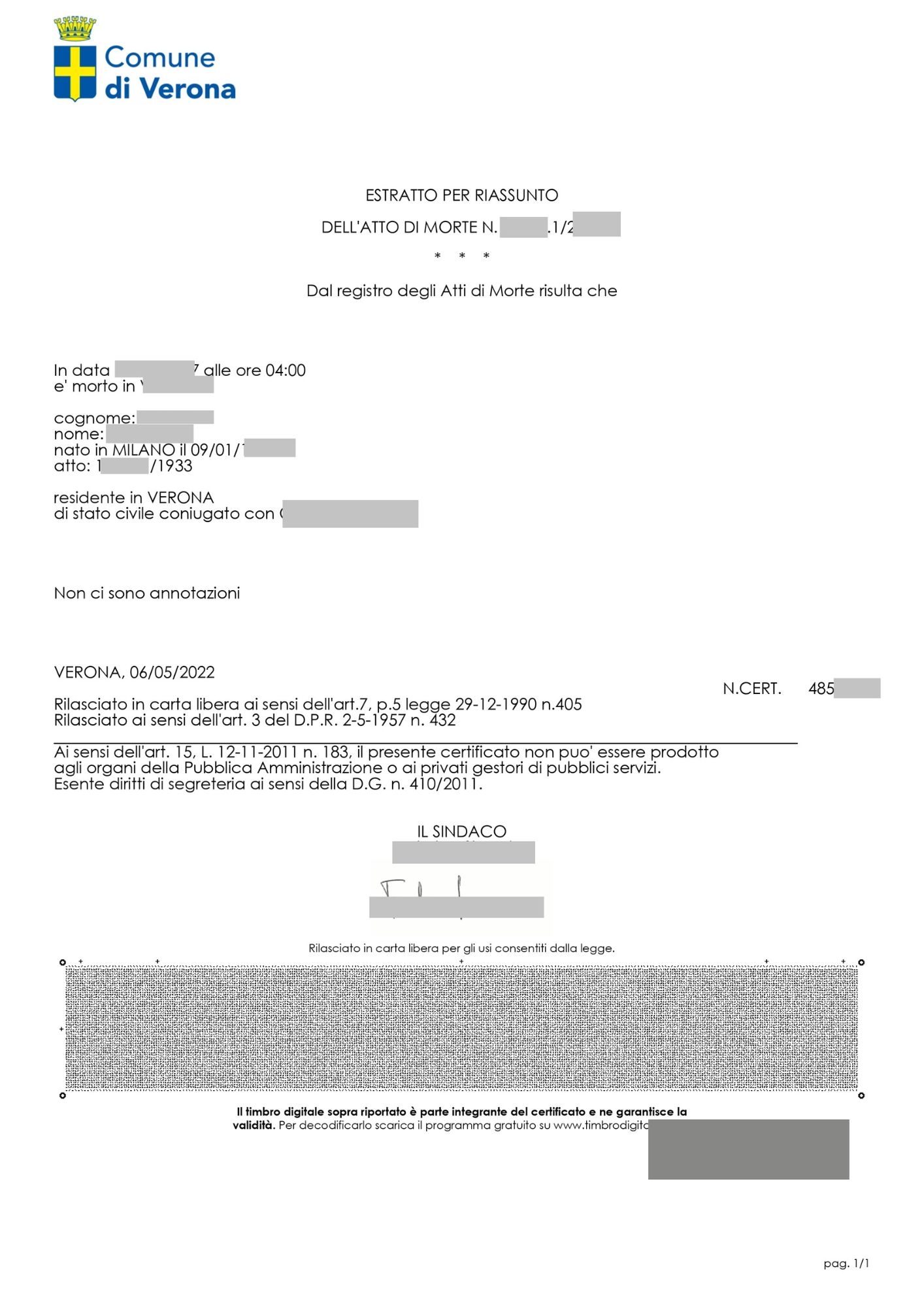 estratto di decesso